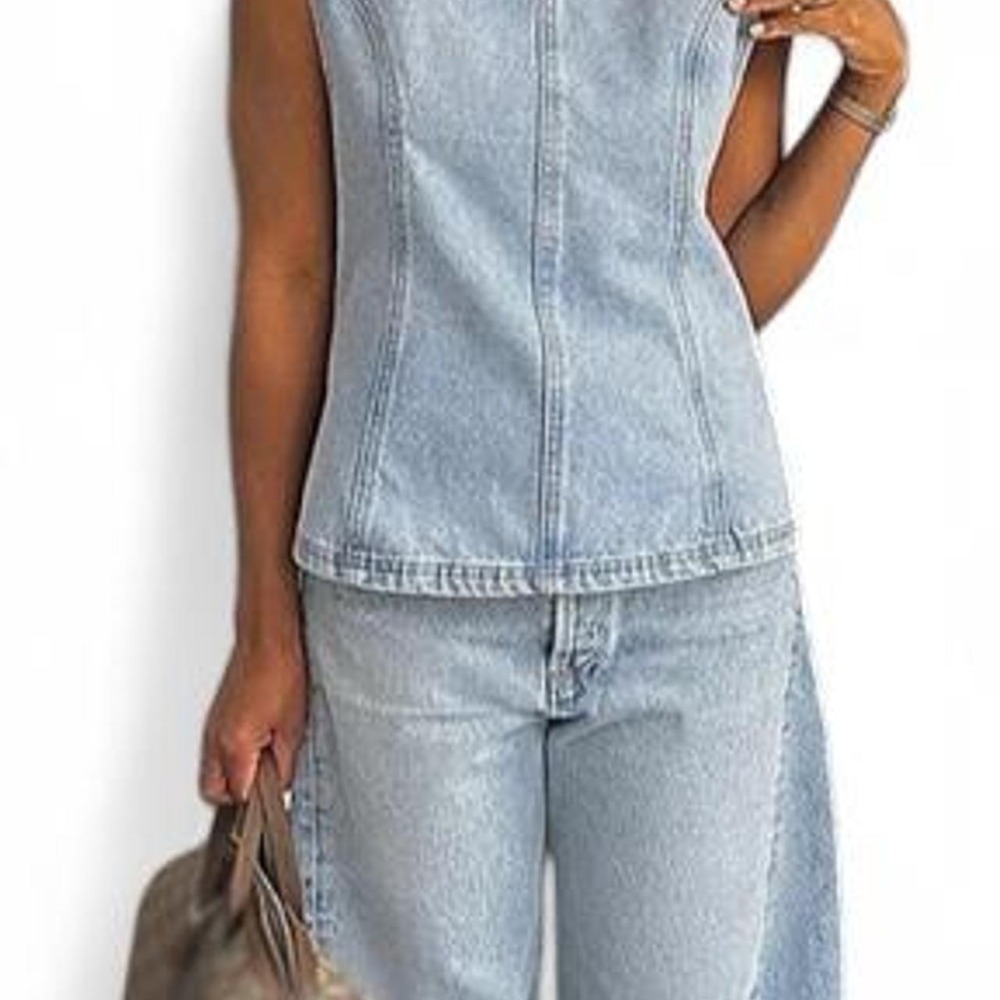 Women's Denim 2 Piece Shorts Sleeveless Open Back Top Set Raw Hem Long Shorts
